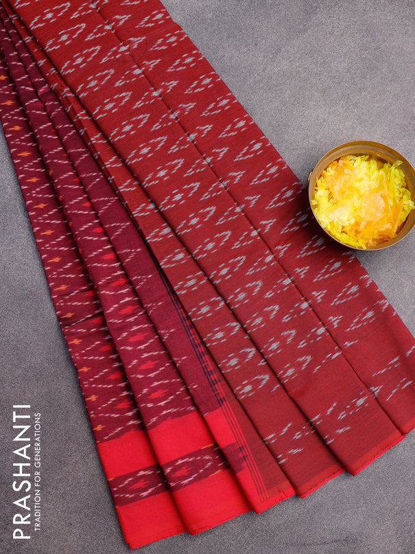 Ikat cotton saree dark magenta pink and pink with allover ikat weaves and simple border without blouse