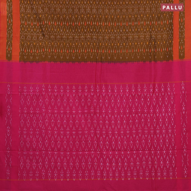 Ikat cotton saree mustard shade and pink with allover ikat weaves and simple border without blouse