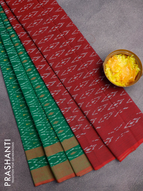 Ikat cotton saree green and maroon shade with allover ikat weaves and simple border without blouse