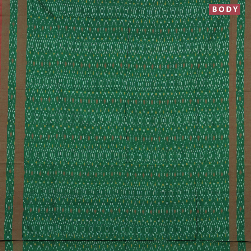 Ikat cotton saree green and maroon shade with allover ikat weaves and simple border without blouse