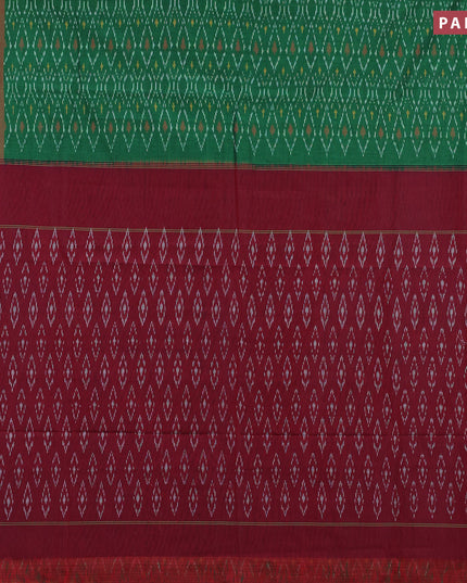 Ikat cotton saree green and maroon shade with allover ikat weaves and simple border without blouse