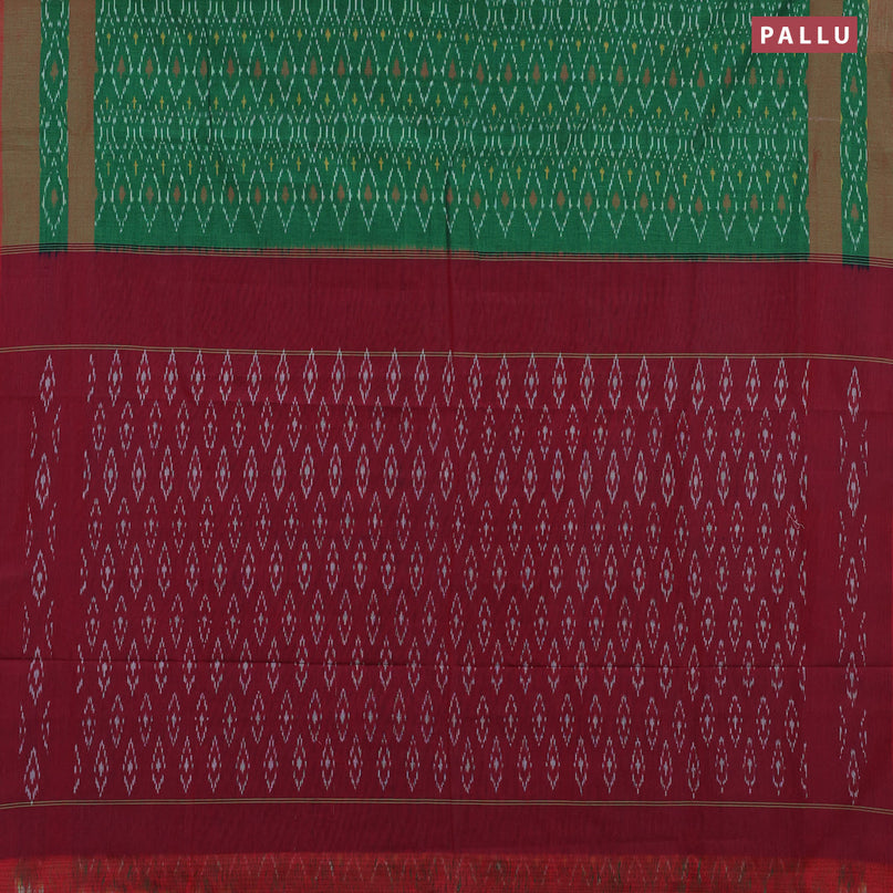 Ikat cotton saree green and maroon shade with allover ikat weaves and simple border without blouse