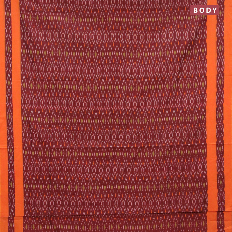 Ikat cotton saree maroon and orange with allover ikat weaves and simple border without blouse