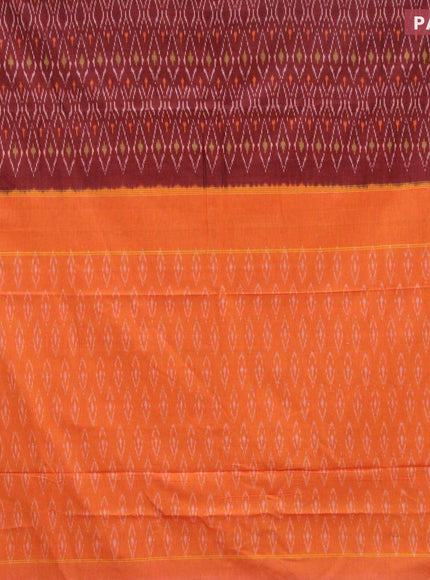 Ikat cotton saree maroon and orange with allover ikat weaves and simple border without blouse