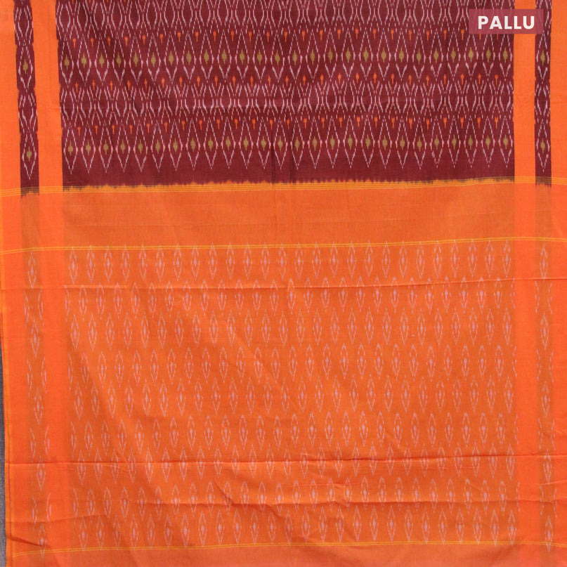 Ikat cotton saree maroon and orange with allover ikat weaves and simple border without blouse