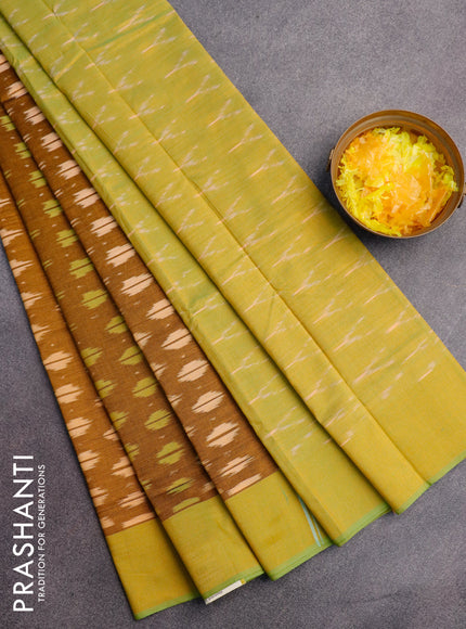 Ikat cotton saree mustard shade and yellowish green with allover ikat butta weaves and simple border without blouse