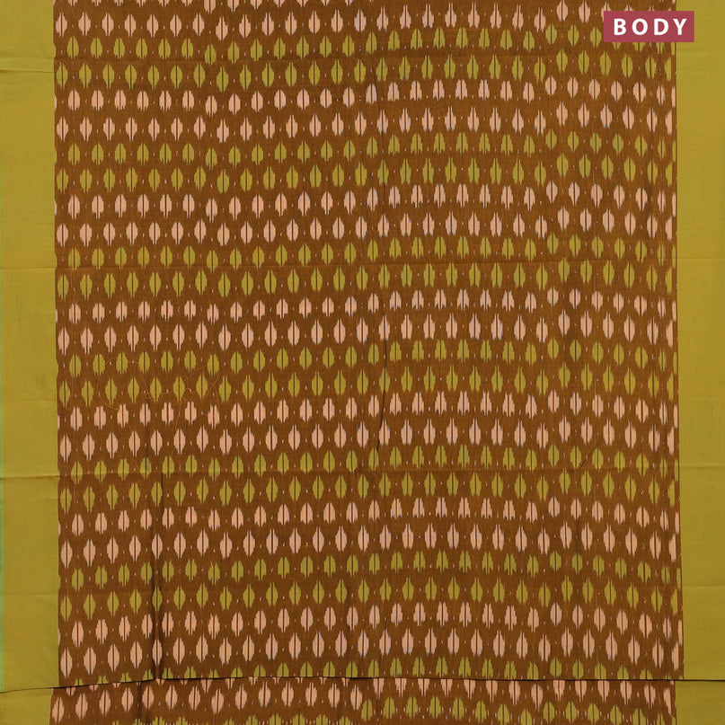 Ikat cotton saree mustard shade and yellowish green with allover ikat butta weaves and simple border without blouse