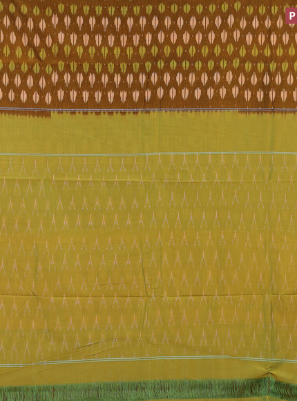 Ikat cotton saree mustard shade and yellowish green with allover ikat butta weaves and simple border without blouse