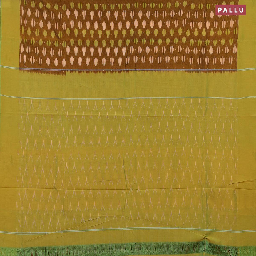 Ikat cotton saree mustard shade and yellowish green with allover ikat butta weaves and simple border without blouse