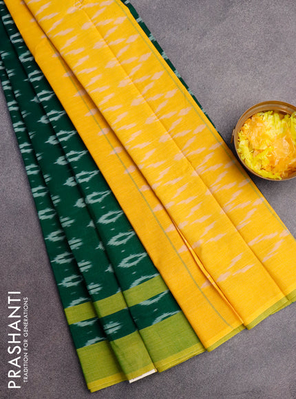 Ikat cotton saree green and yellow with allover ikat butta weaves and simple border without blouse