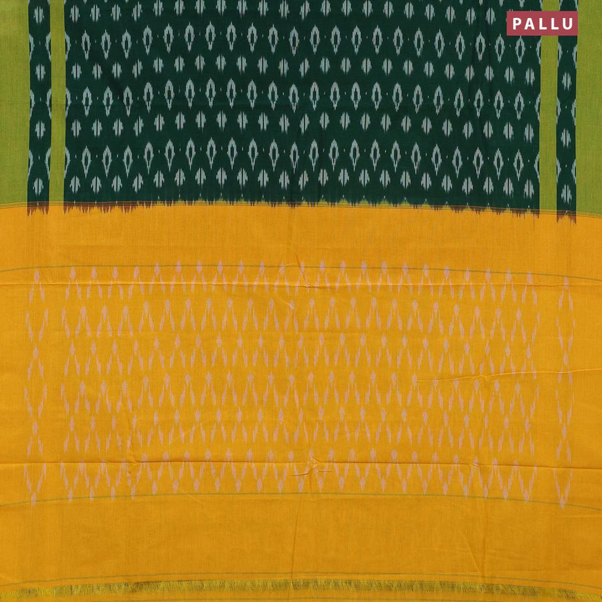 Ikat cotton saree green and yellow with allover ikat butta weaves and simple border without blouse