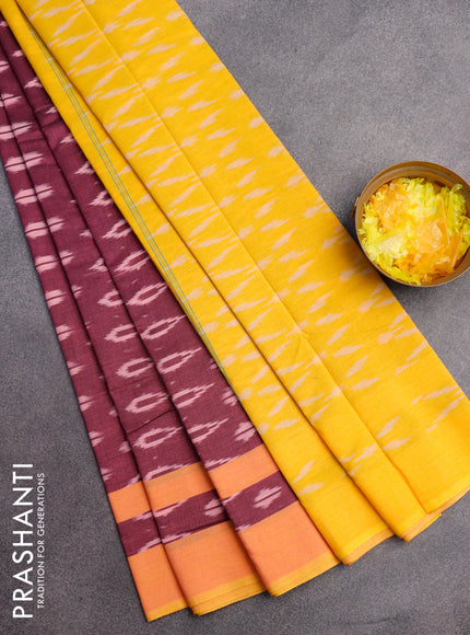 Ikat cotton saree dark magenta pink and yellow with allover ikat butta weaves and simple border without blouse