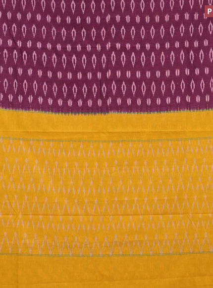 Ikat cotton saree dark magenta pink and yellow with allover ikat butta weaves and simple border without blouse