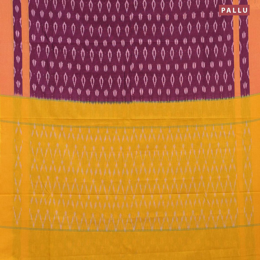 Ikat cotton saree dark magenta pink and yellow with allover ikat butta weaves and simple border without blouse