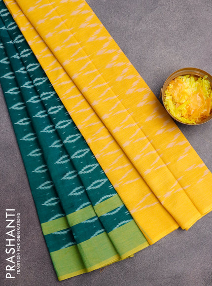 Ikat cotton saree peacock green and lime yellow with allover ikat butta weaves and simple border without blouse