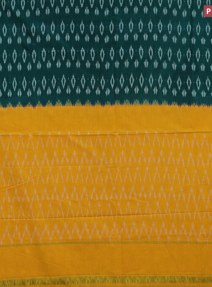 Ikat cotton saree peacock green and lime yellow with allover ikat butta weaves and simple border without blouse