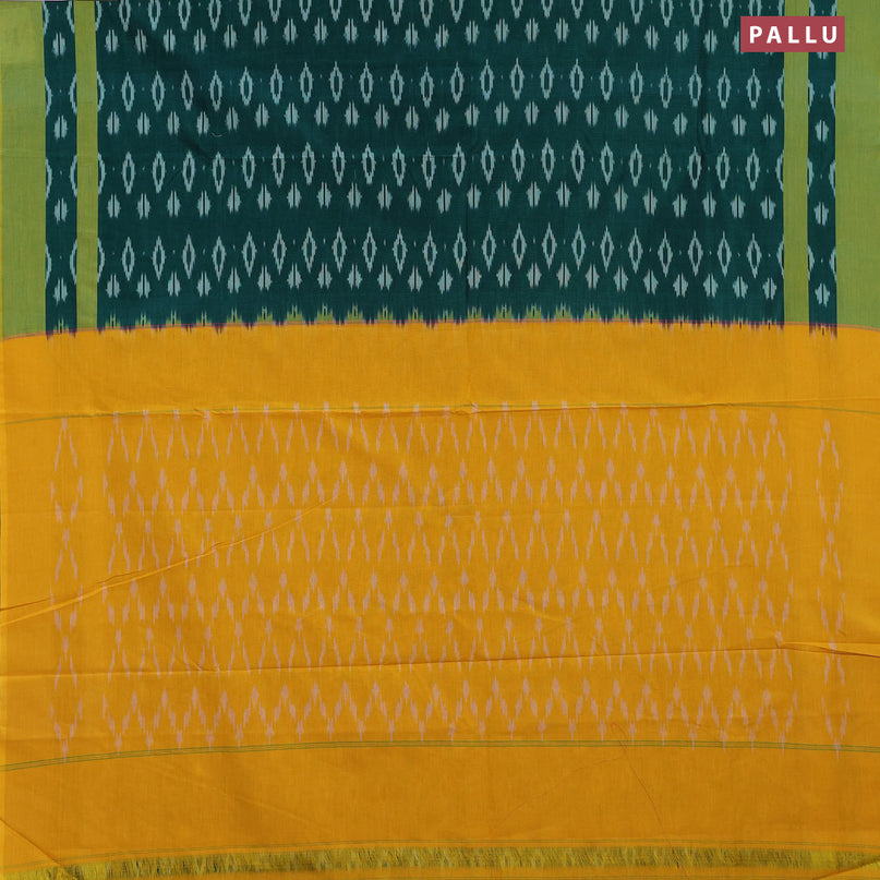 Ikat cotton saree peacock green and lime yellow with allover ikat butta weaves and simple border without blouse