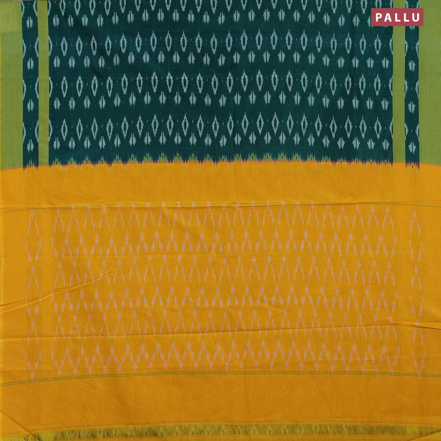 Ikat cotton saree peacock green and lime yellow with allover ikat butta weaves and simple border without blouse