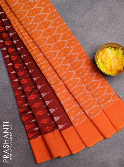 Ikat cotton saree maroon and orange with allover ikat butta weaves and simple border without blouse