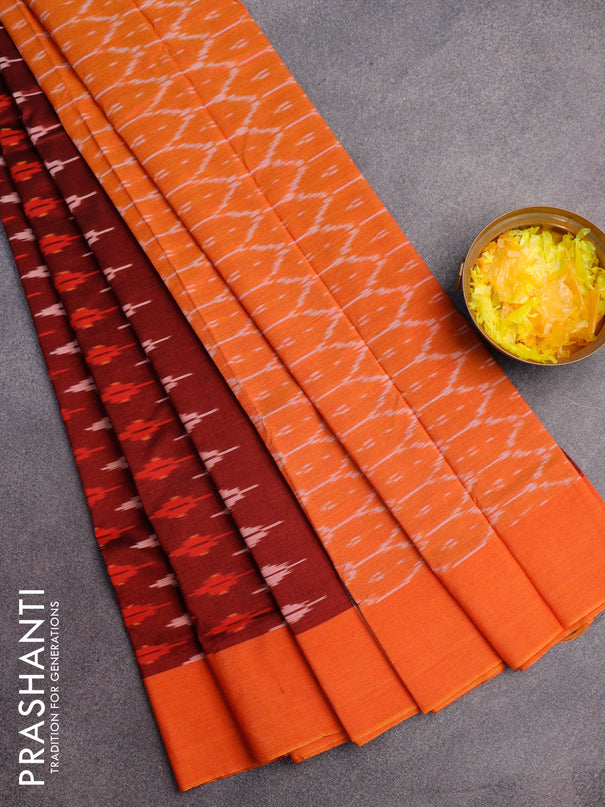 Ikat cotton saree maroon and orange with allover ikat butta weaves and simple border without blouse