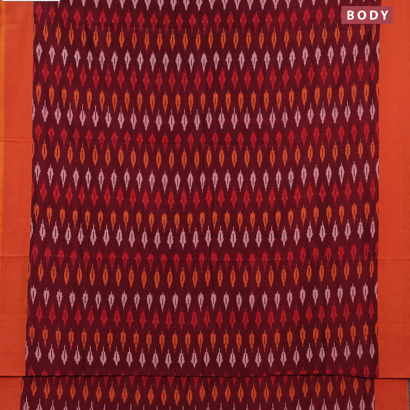 Ikat cotton saree maroon and orange with allover ikat butta weaves and simple border without blouse