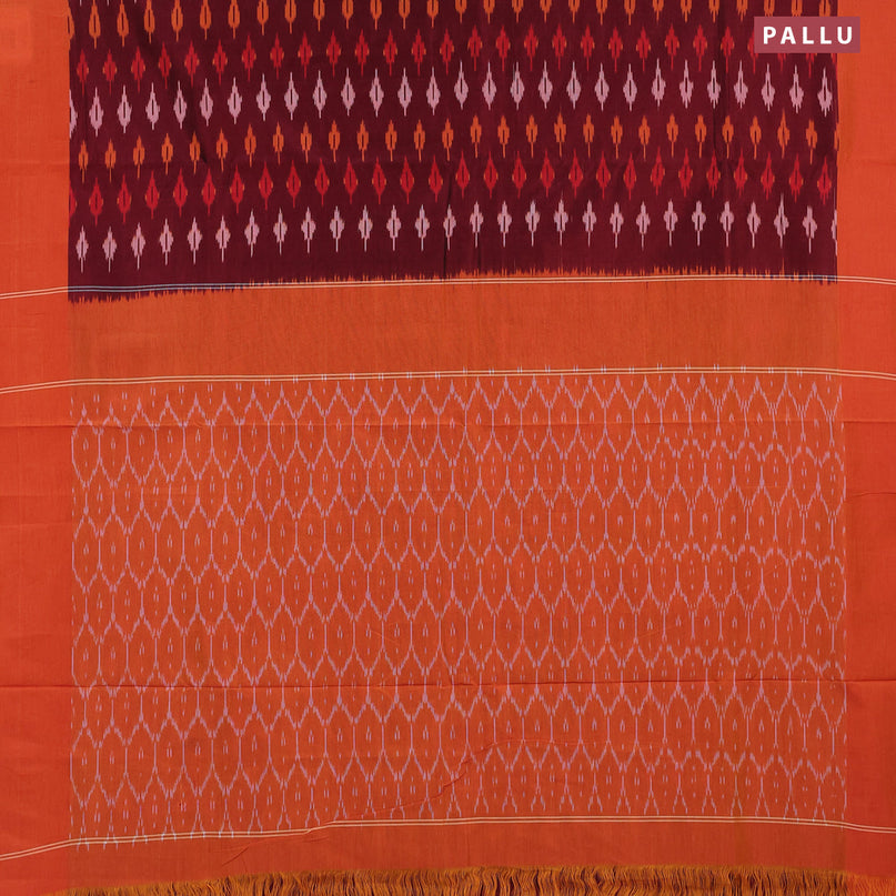 Ikat cotton saree maroon and orange with allover ikat butta weaves and simple border without blouse