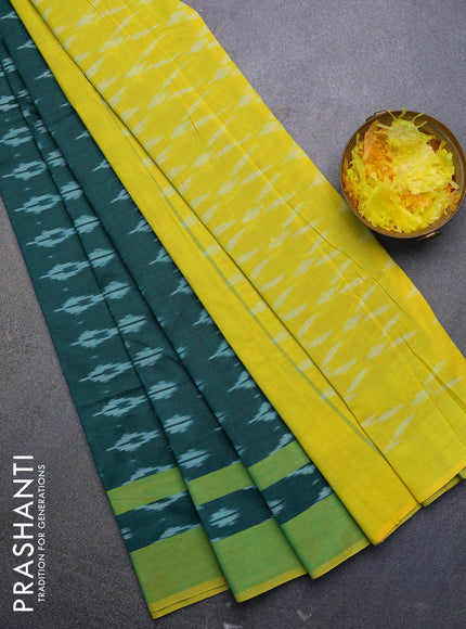 Ikat cotton saree peacock green and lime yellow with allover ikat butta weaves and simple border without blouse