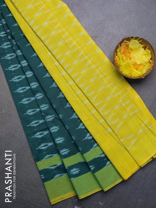 Ikat cotton saree peacock green and lime yellow with allover ikat butta weaves and simple border without blouse