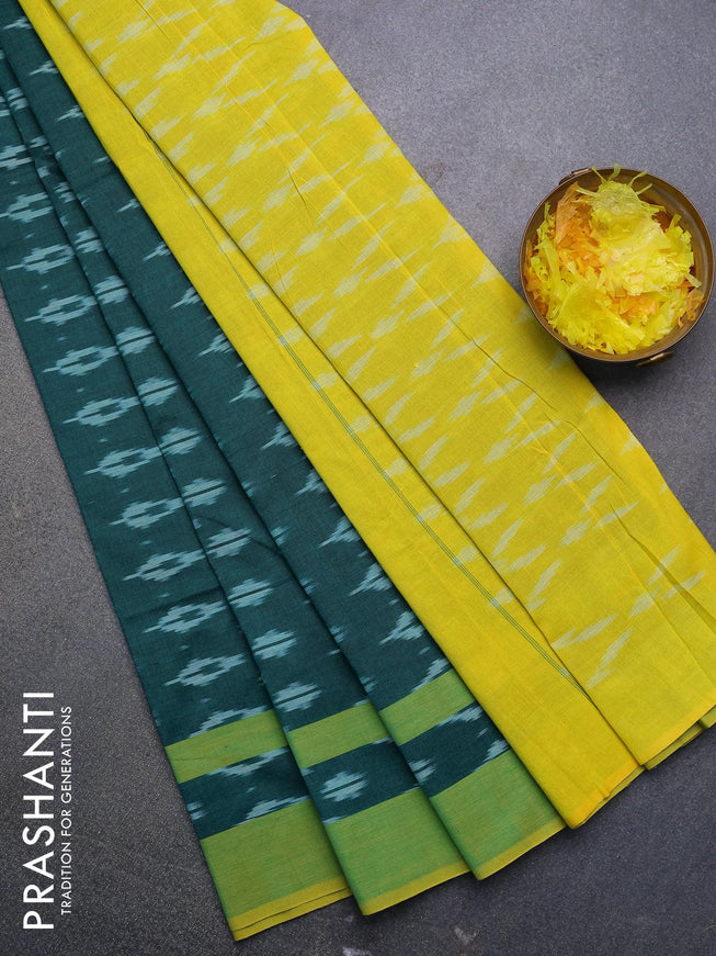 Ikat cotton saree peacock green and lime yellow with allover ikat butta weaves and simple border without blouse