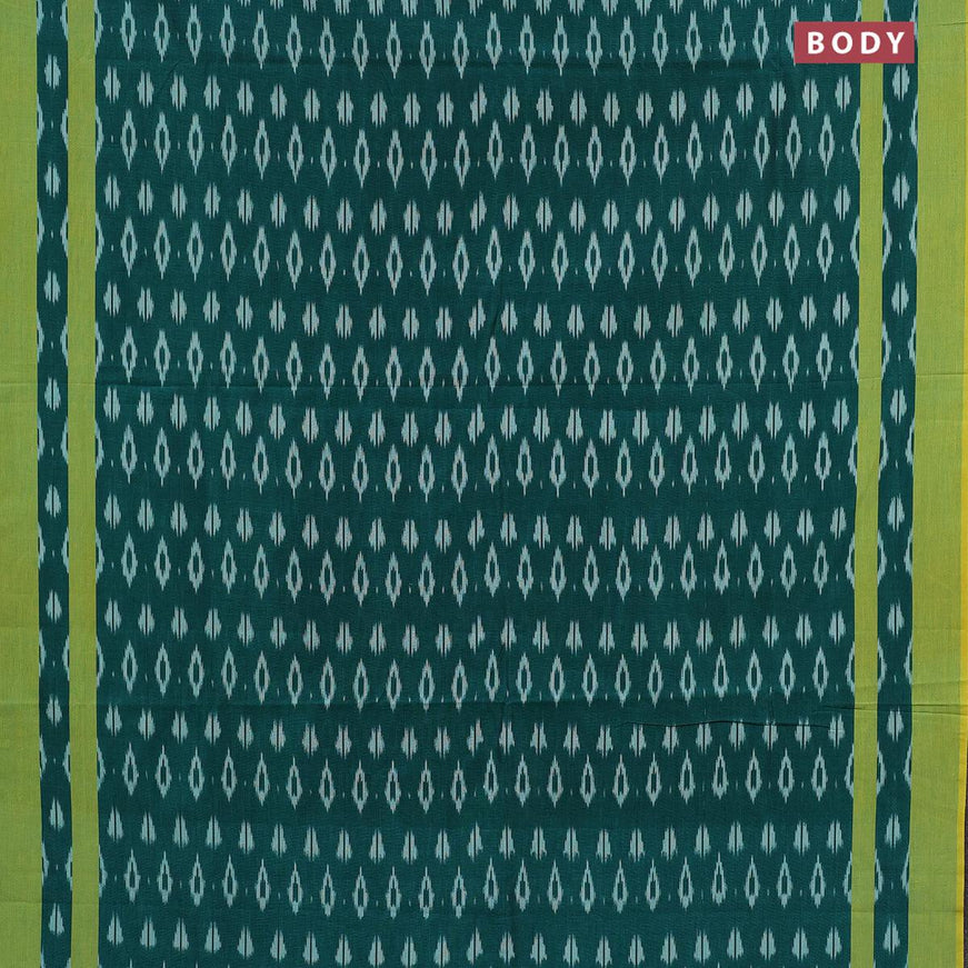 Ikat cotton saree peacock green and lime yellow with allover ikat butta weaves and simple border without blouse