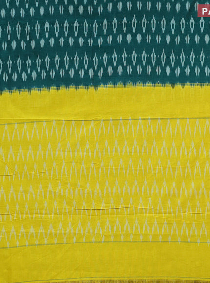 Ikat cotton saree peacock green and lime yellow with allover ikat butta weaves and simple border without blouse