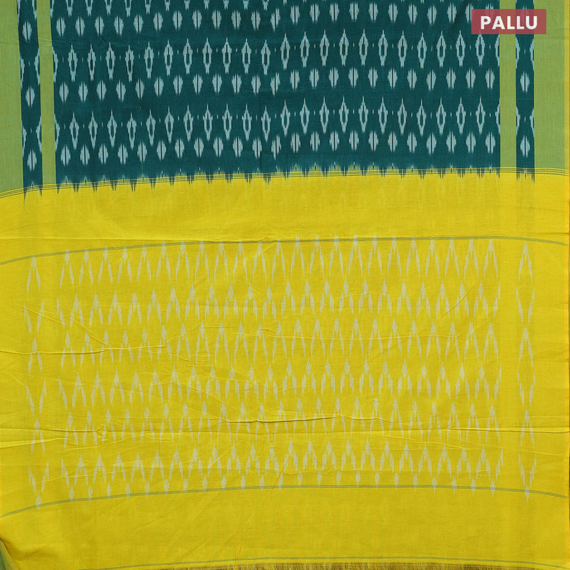 Ikat cotton saree peacock green and lime yellow with allover ikat butta weaves and simple border without blouse