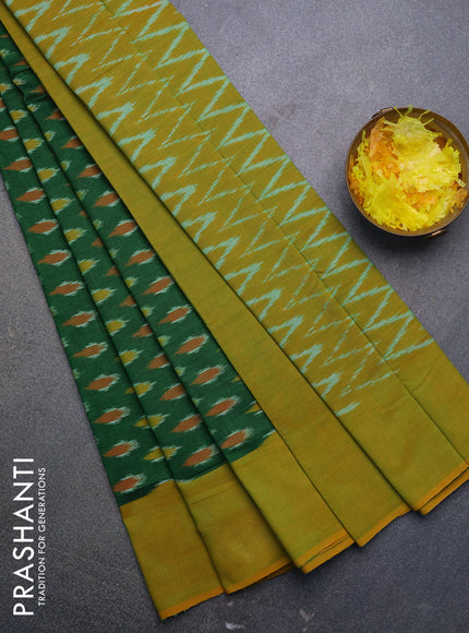 Ikat cotton saree green and mustard yellow with allover ikat butta weaves and simple border without blouse