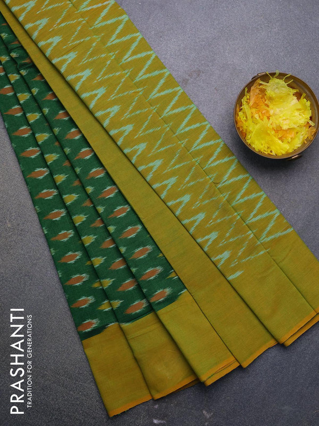 Ikat cotton saree green and mustard yellow with allover ikat butta weaves and simple border without blouse