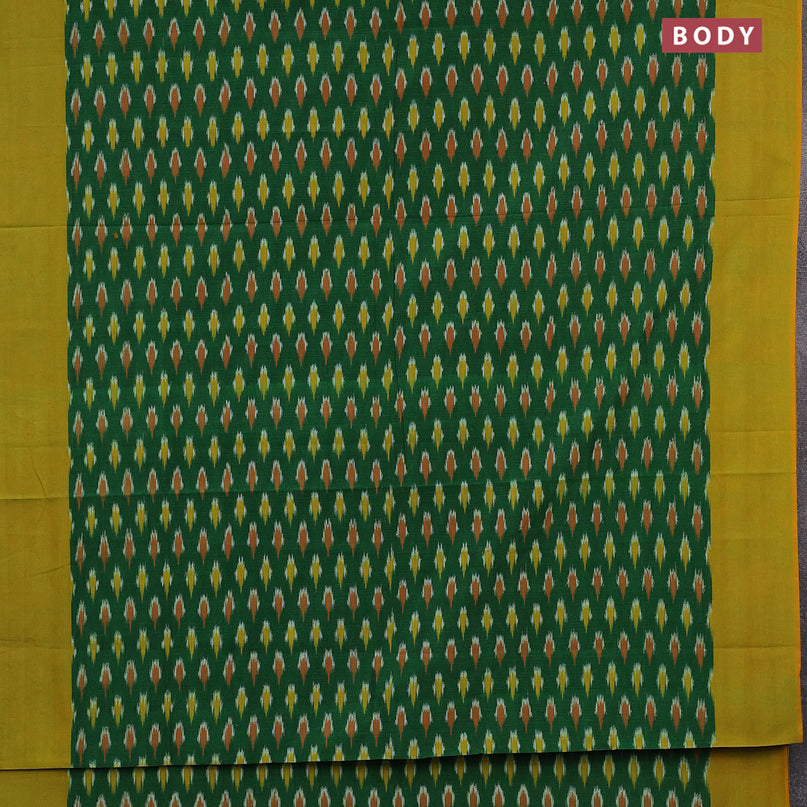 Ikat cotton saree green and mustard yellow with allover ikat butta weaves and simple border without blouse