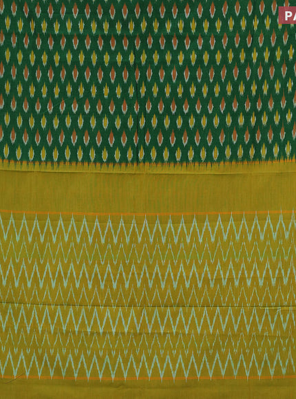 Ikat cotton saree green and mustard yellow with allover ikat butta weaves and simple border without blouse