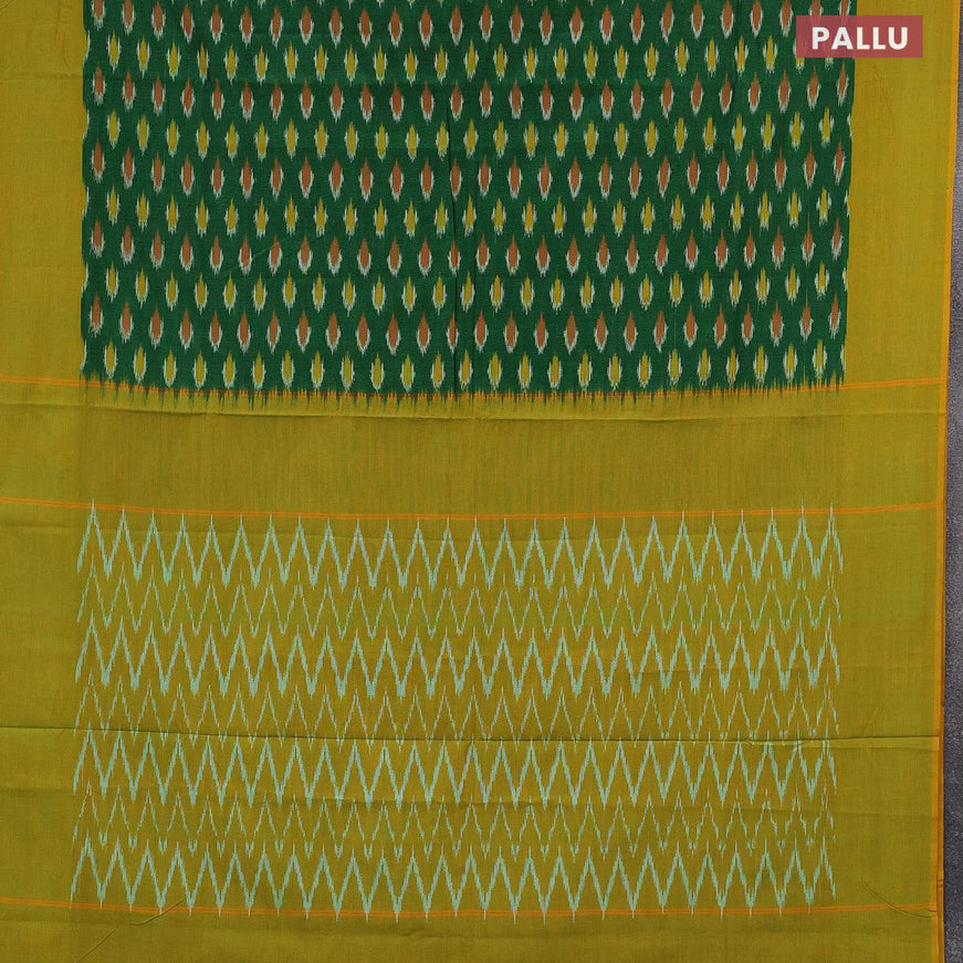 Ikat cotton saree green and mustard yellow with allover ikat butta weaves and simple border without blouse