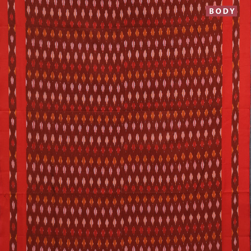 Ikat cotton saree rust shade and dual shade of pinkish orange with allover ikat butta weaves and simple border without blouse