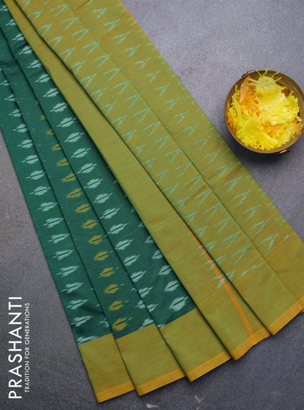 Ikat cotton saree green and yellow shade with allover ikat butta weaves and simple border without blouse