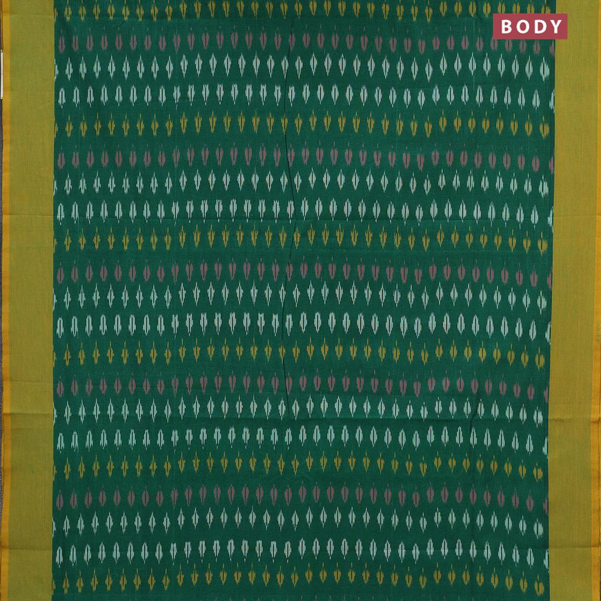 Ikat cotton saree green and yellow shade with allover ikat butta weaves and simple border without blouse