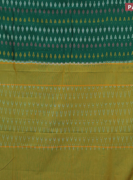 Ikat cotton saree green and yellow shade with allover ikat butta weaves and simple border without blouse