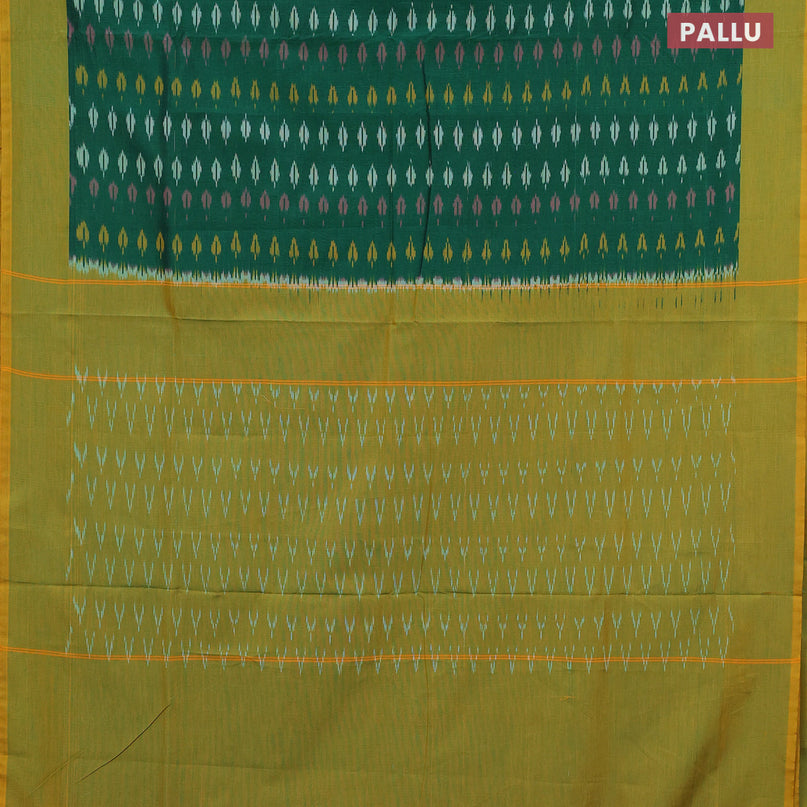 Ikat cotton saree green and yellow shade with allover ikat butta weaves and simple border without blouse