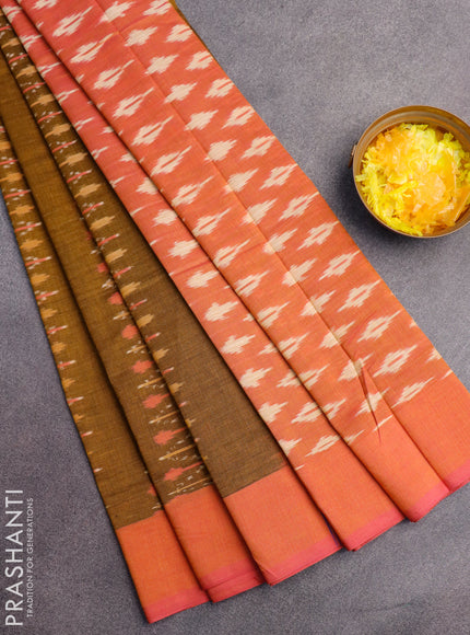 Ikat cotton saree dark mustard and dual shade of pinkish yellow with allover ikat weaves and simple border without blouse