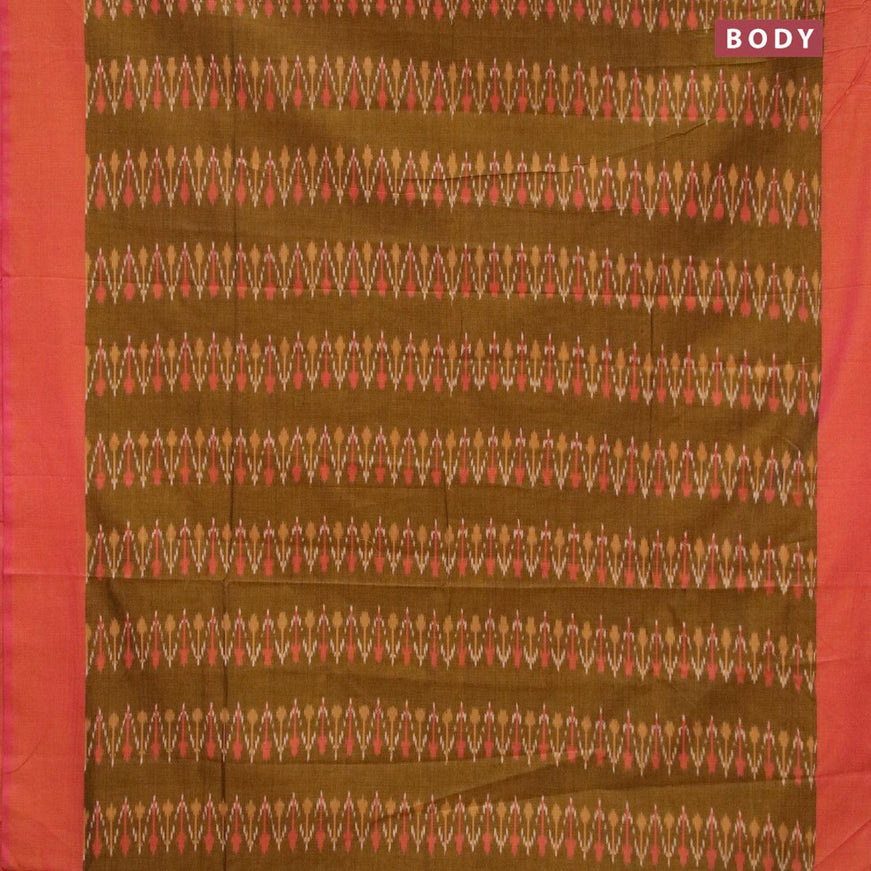 Ikat cotton saree dark mustard and dual shade of pinkish yellow with allover ikat weaves and simple border without blouse