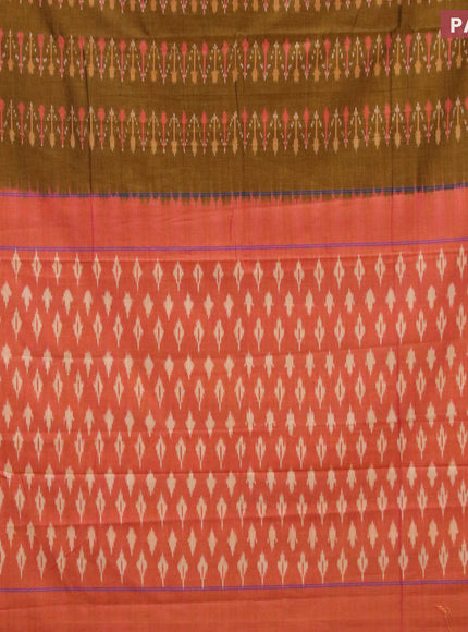 Ikat cotton saree dark mustard and dual shade of pinkish yellow with allover ikat weaves and simple border without blouse