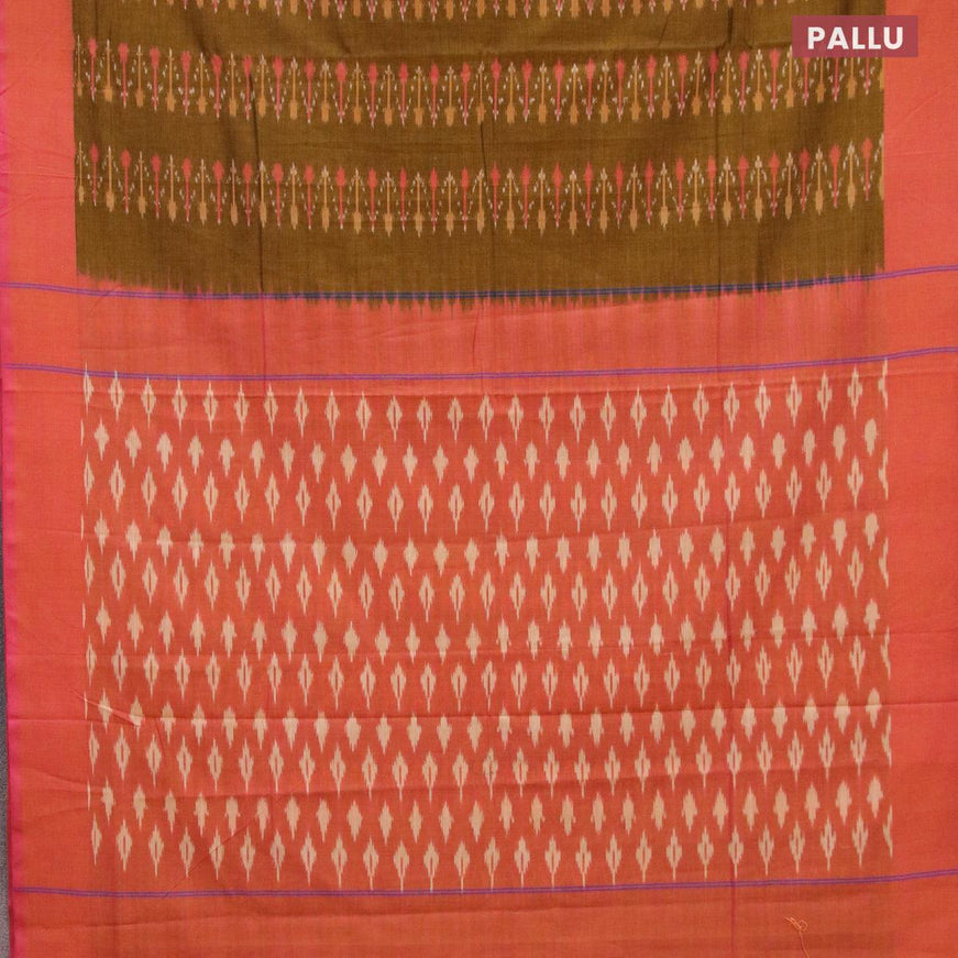 Ikat cotton saree dark mustard and dual shade of pinkish yellow with allover ikat weaves and simple border without blouse