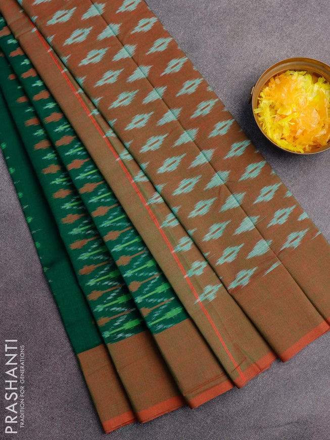 Ikat cotton saree green and dual shade of rust with allover ikat weaves and simple border without blouse