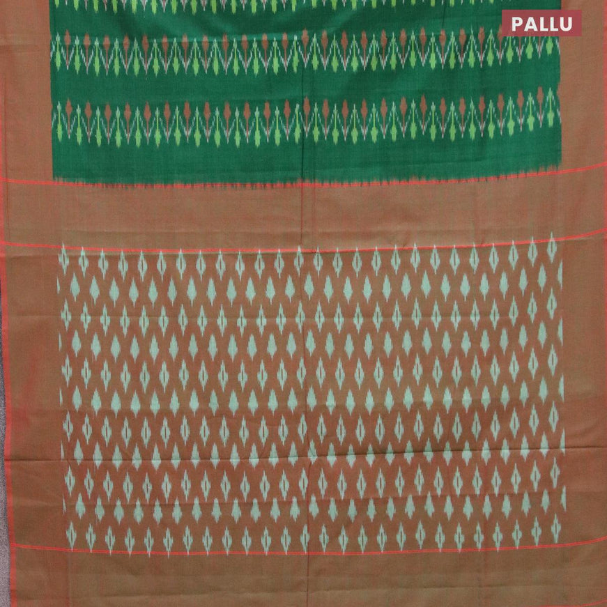 Ikat cotton saree green and dual shade of rust with allover ikat weaves and simple border without blouse