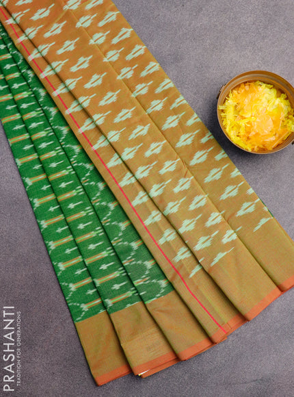 Ikat cotton saree green and red shade with allover ikat weaves and simple border without blouse