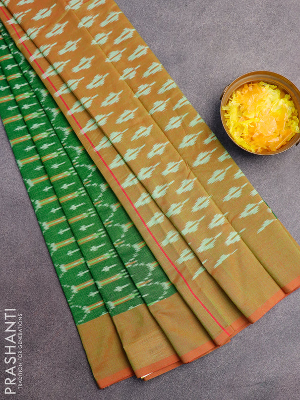 Ikat cotton saree green and red shade with allover ikat weaves and simple border without blouse